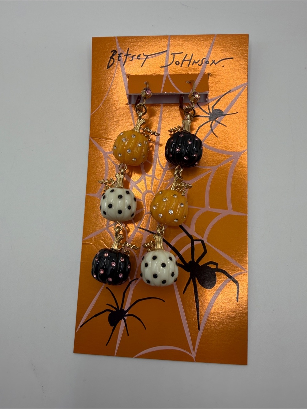 Betsey Johnson Orange, Black & White Pumpkin Drop Earrings - Picture 2 of 2